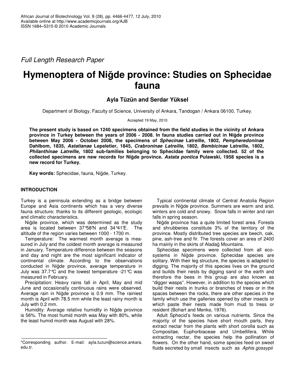Hymenoptera of Niğde Province: Studies on Sphecidae Fauna