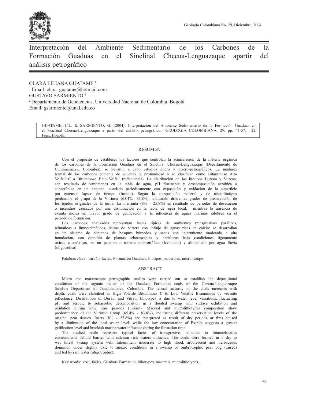 Interpretación Del Ambiente Sedimentario De Los Carbones De La Formación Guaduas En El Sinclinal Checua-Lenguazaque Apartir Del Análisis Petrográﬁco