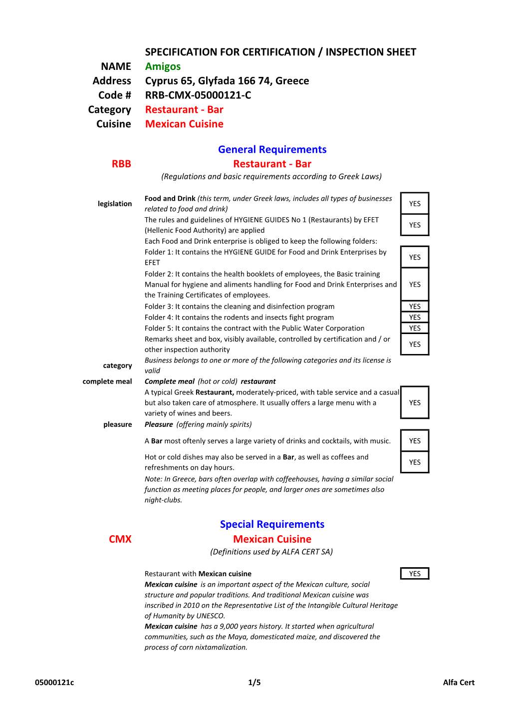 Specification for Certification / Inspection