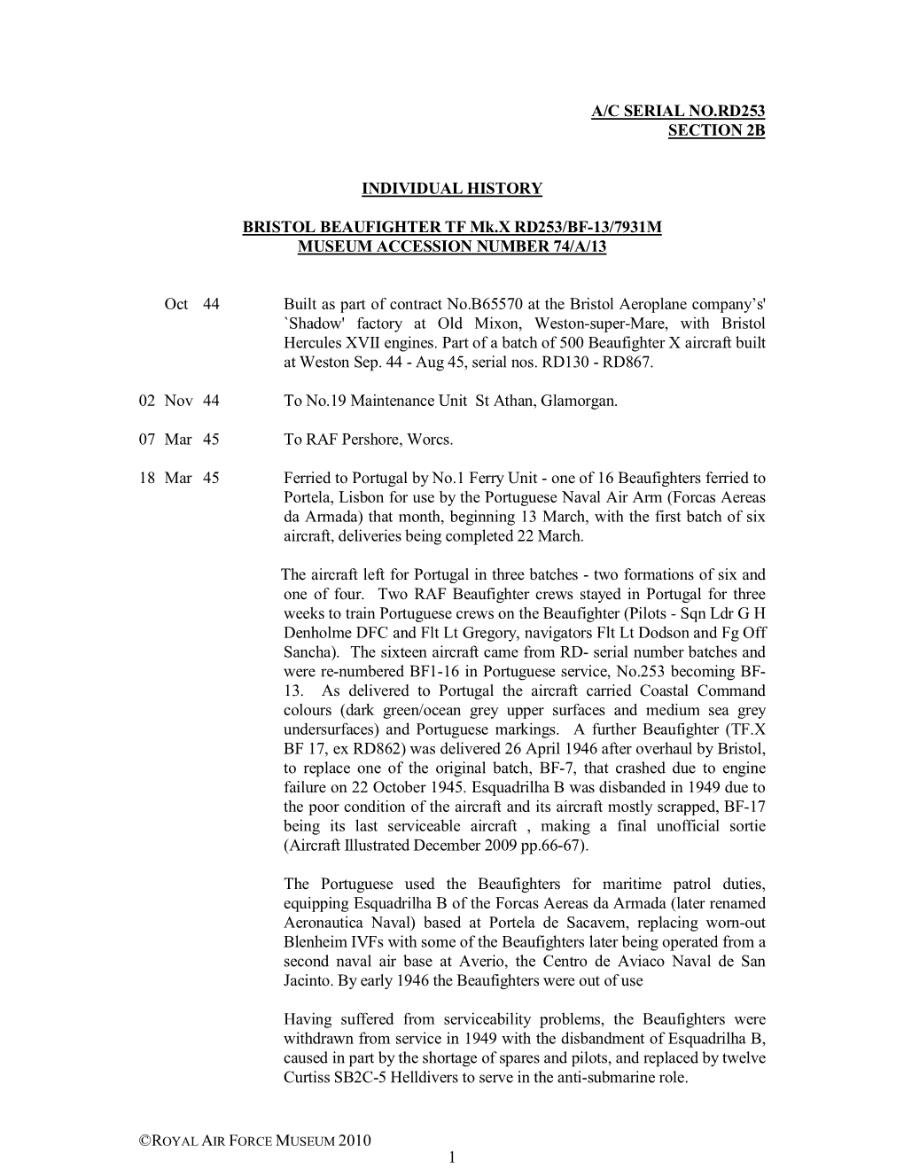 1 A/C Serial No.Rd253 Section 2B Individual History