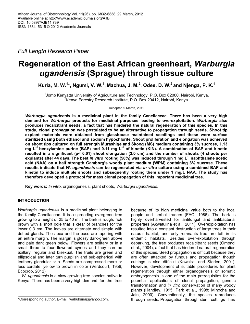 In Vitro Clonal Propagation of Warburgia Ugandensis (Sprague), Canellaceae