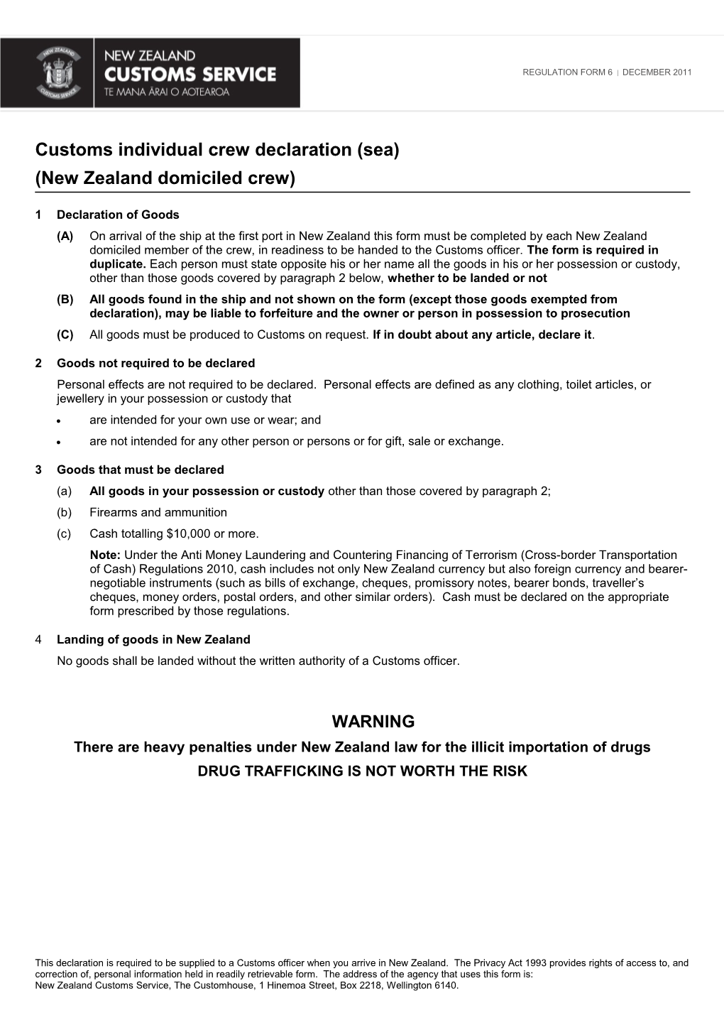 Regulation Form 06 - Customs Individual Crew Declaration (Sea) (New Zealand Domiciled Crew)