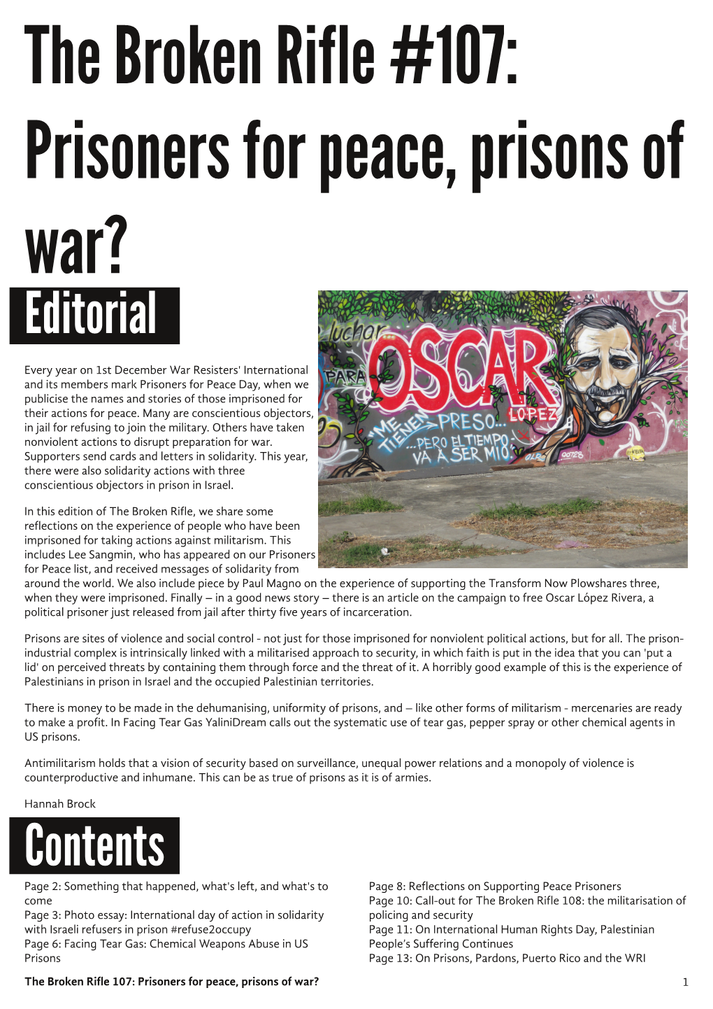 The Broken Rifle #107: Prisoners for Peace, Prisons of War? Editorial