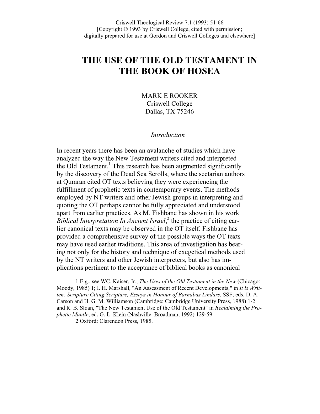 The Use of the Old Testament in the Book of Hosea