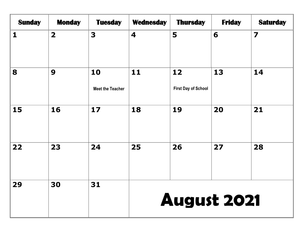 August 2021 Sunday Monday Tuesday Wednesday Thursday Friday Saturday