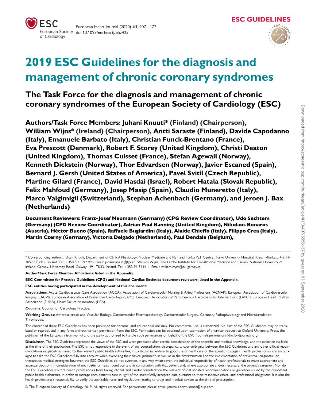 2019 ESC Guidelines for the Diagnosis and Management Of