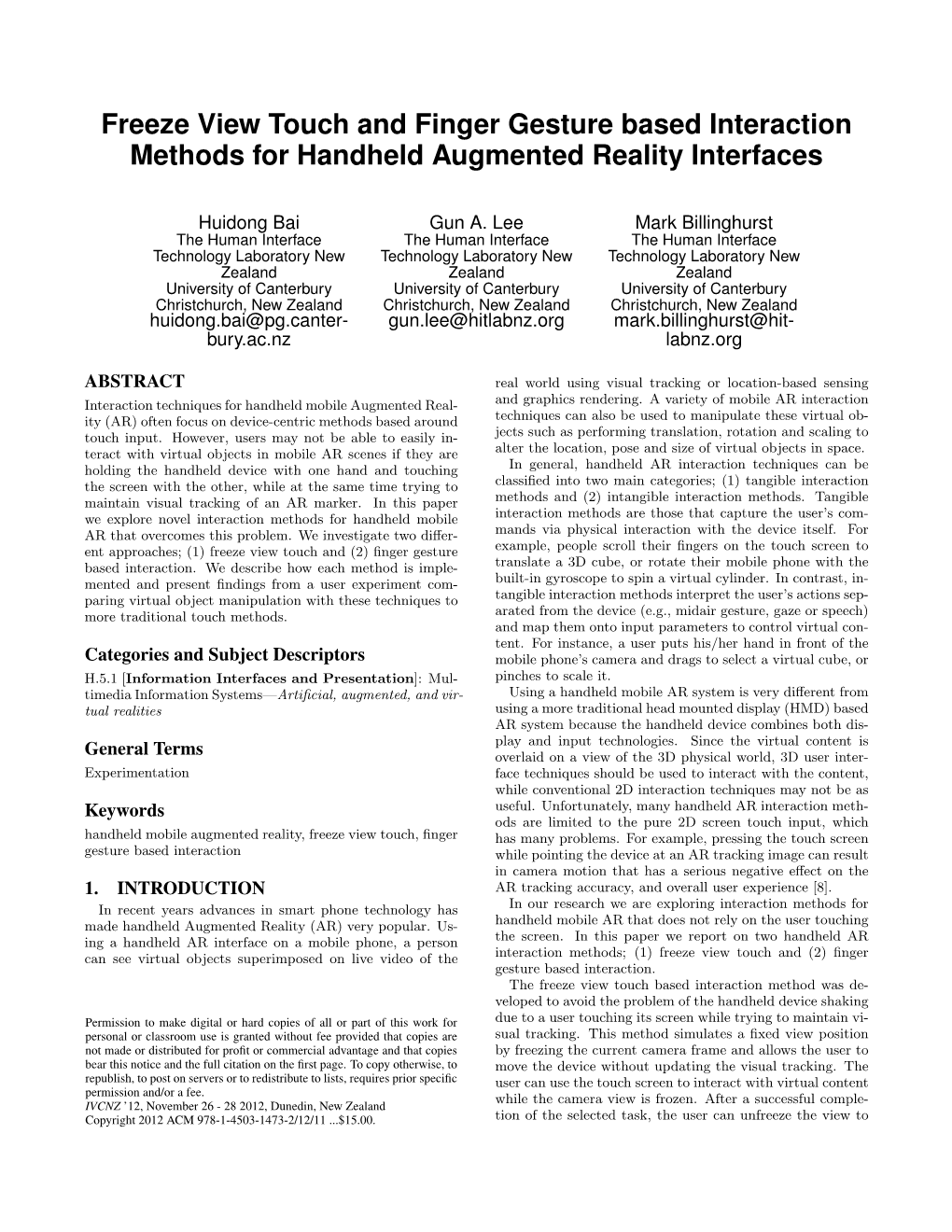 Freeze View Touch and Finger Gesture Based Interaction Methods for Handheld Augmented Reality Interfaces