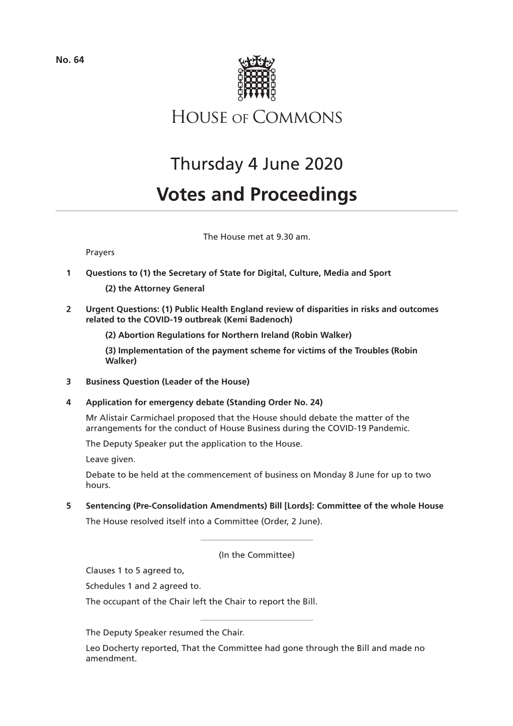 Thursday 4 June 2020 Votes and Proceedings