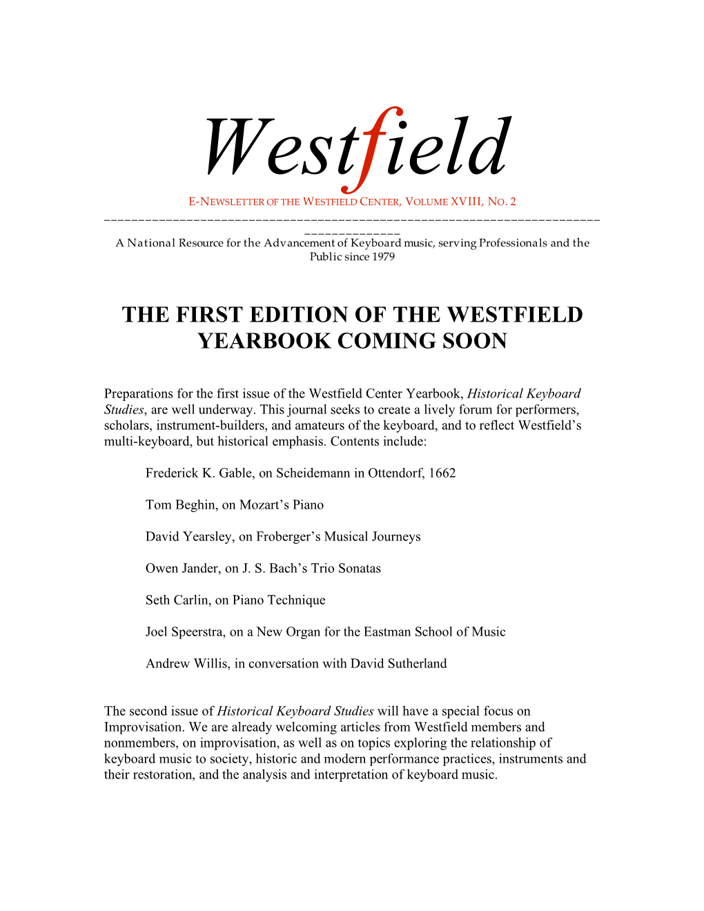 Westfield Newsletter, Vol. XX, No. 2, February 2008
