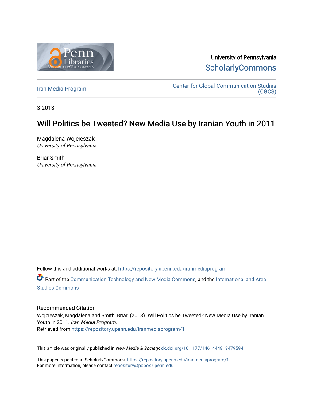 Will Politics Be Tweeted? New Media Use by Iranian Youth in 2011