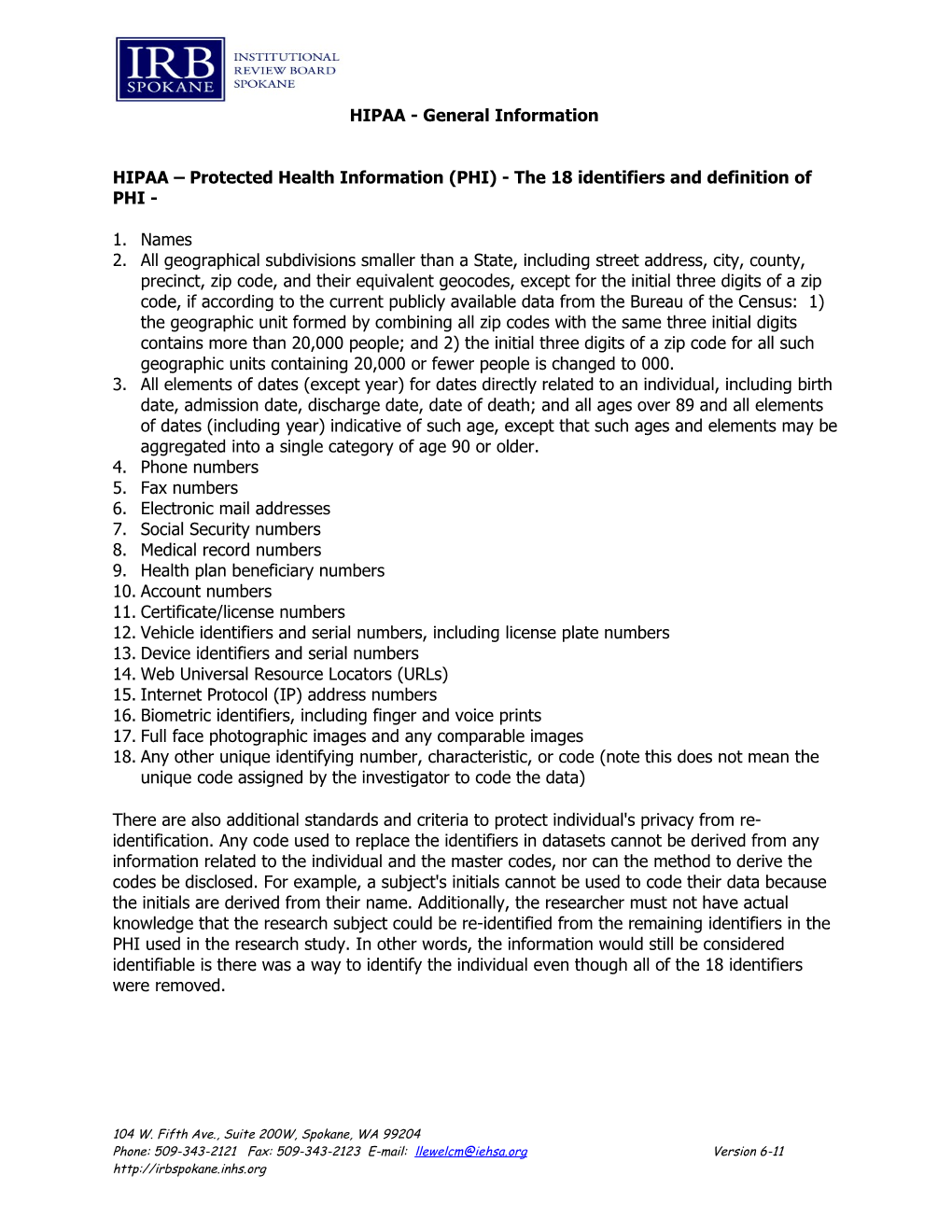 HIPAA Protected Health Information (PHI) - the 18 Identifiers and Definition of PHI