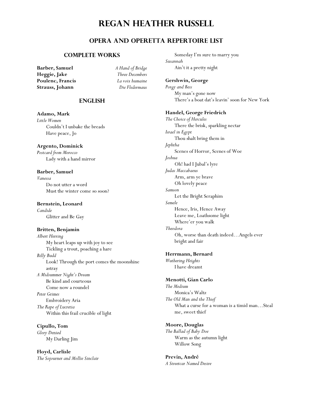 Opera and Operetta Repertoire List
