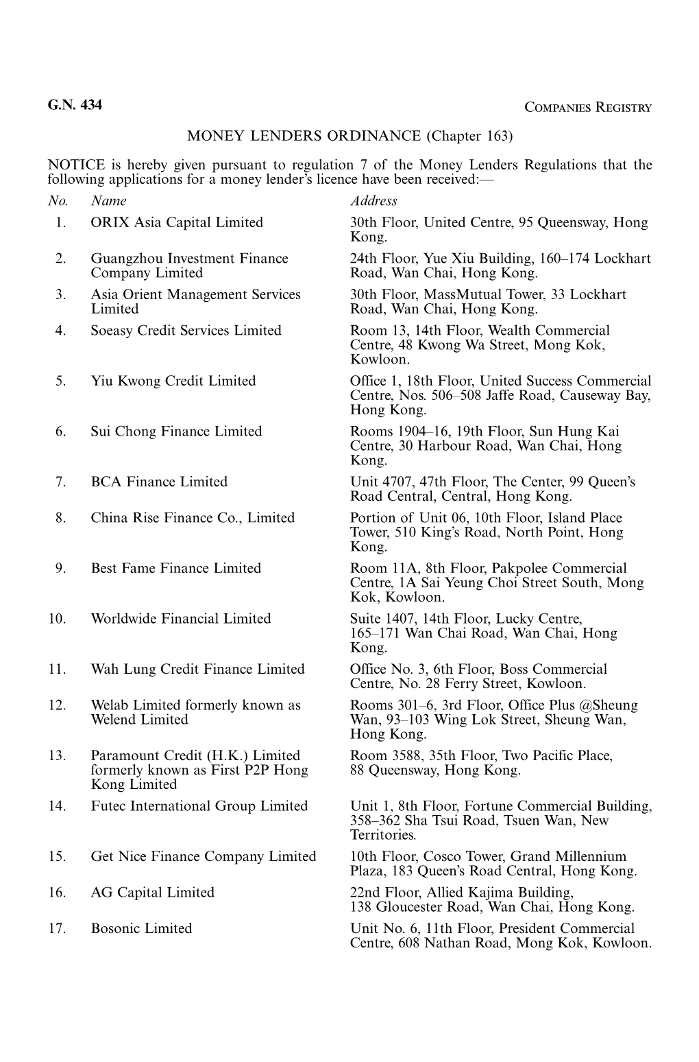 G.N. 434 Companies Registry MONEY LENDERS ORDINANCE (Chapter