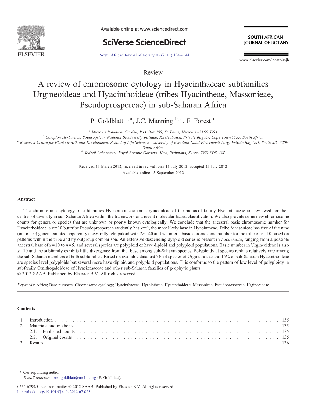 A Review of Chromosome Cytology in Hyacinthaceae