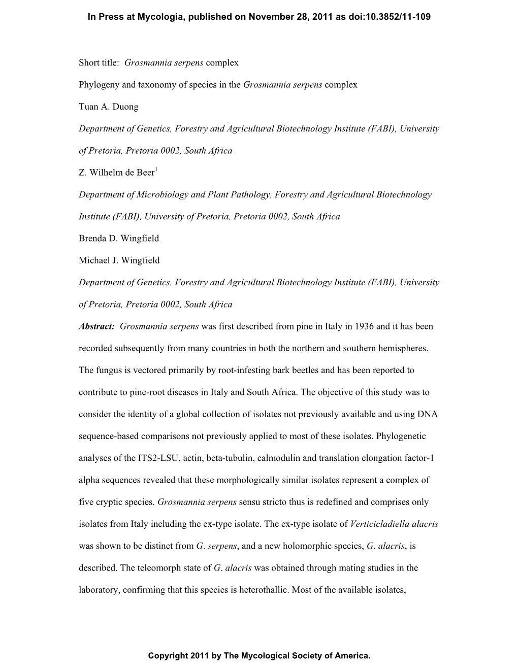 Short Title: Grosmannia Serpens Complex Phylogeny and Taxonomy