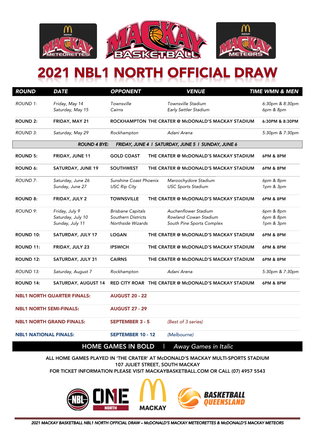 2021 Mackay Basketball NBL1 North Schedule