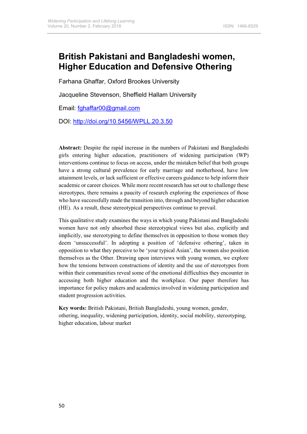 British Pakistani and Bangladeshi Women, Higher Education and Defensive Othering