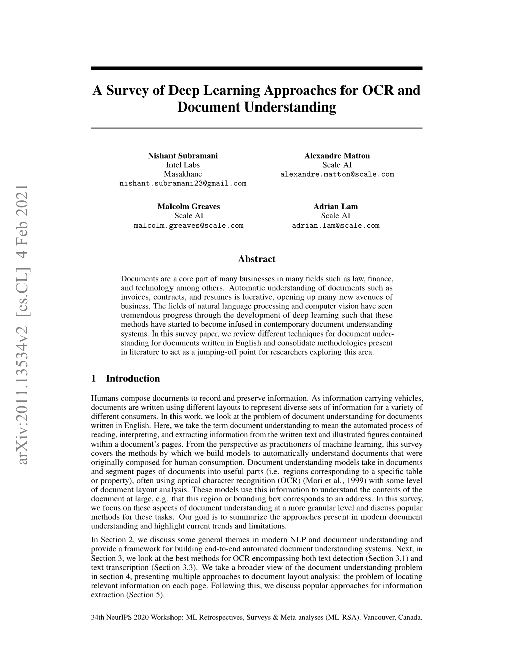 A Survey of Deep Learning Approaches for OCR and Document Understanding