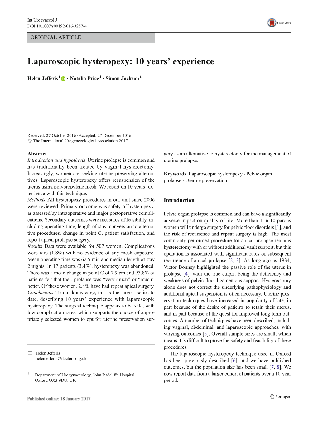 Laparoscopic Hysteropexy: 10 Years' Experience