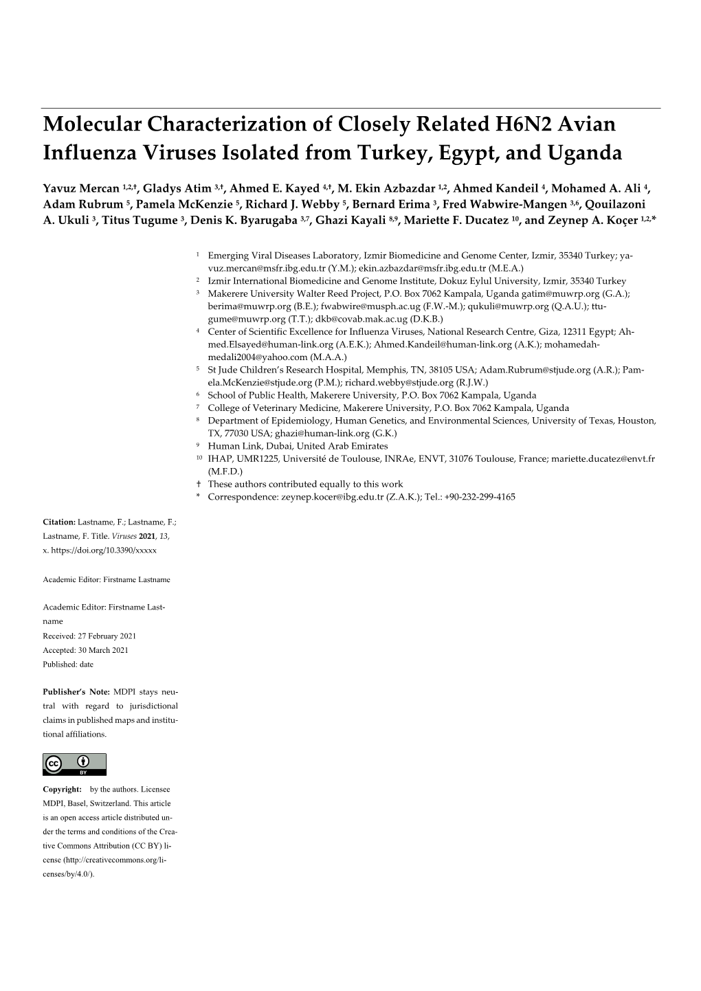 Molecular Characterization of Closely Related H6N2 Avian Influenza Viruses Isolated from Turkey, Egypt, and Uganda