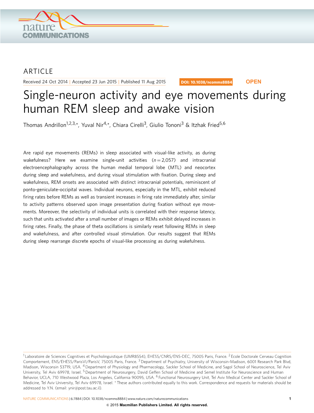 Single-Neuron Activity and Eye Movements During Human REM Sleep and Awake Vision
