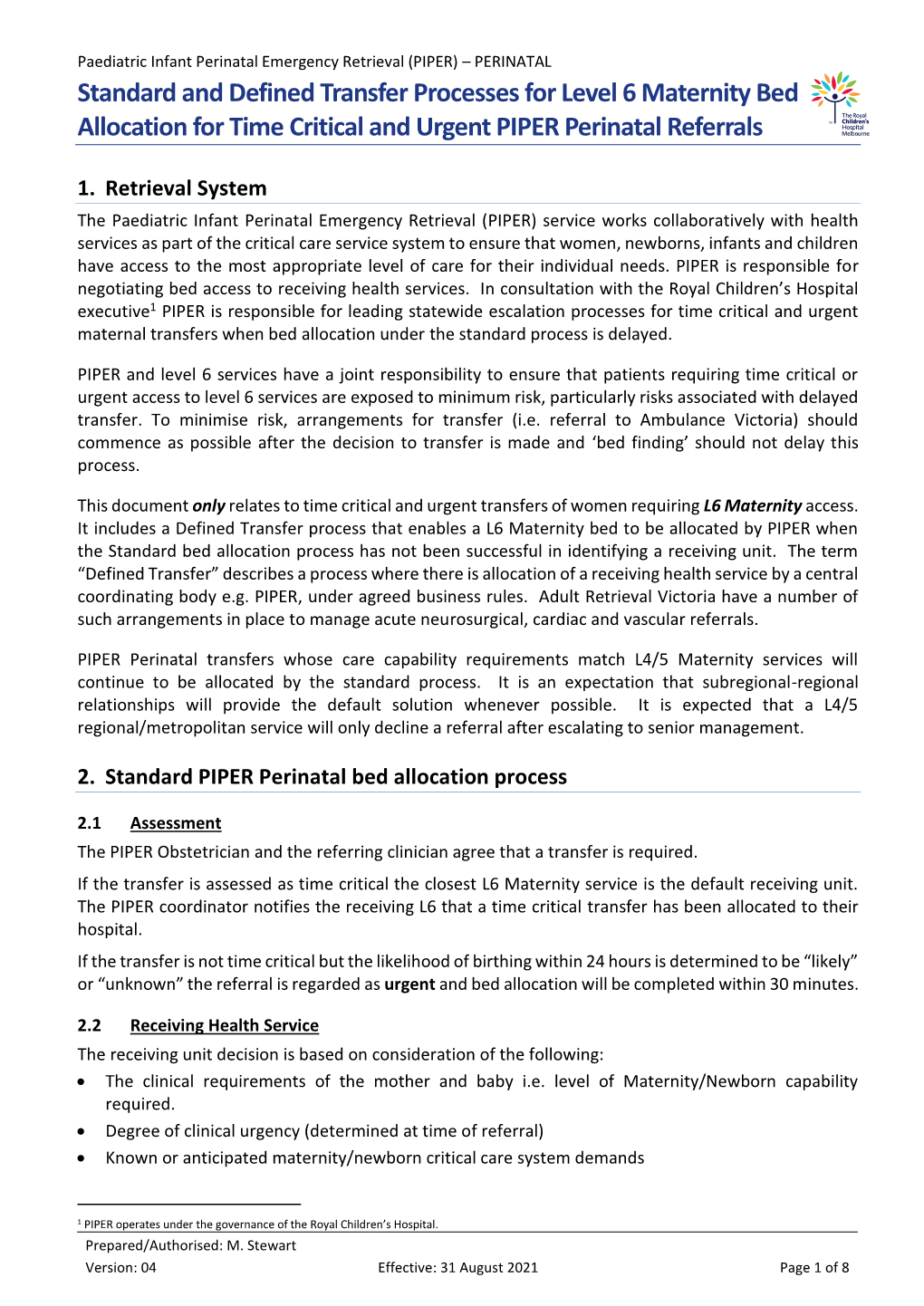 PIPER Perinatal Defined Transfer