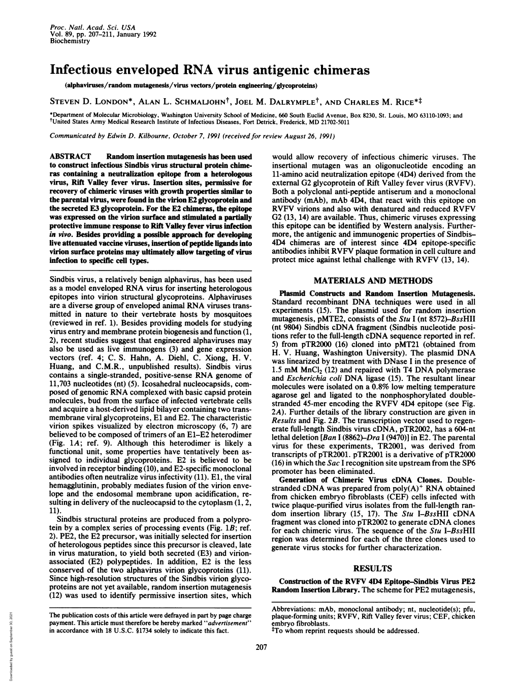 Infectious Enveloped RNA Virus Antigenic Chimeras (Alphaviruses/Random Mutagenesis/Virus Vectors/Protein Engineering/Glycoproteins) STEVEN D