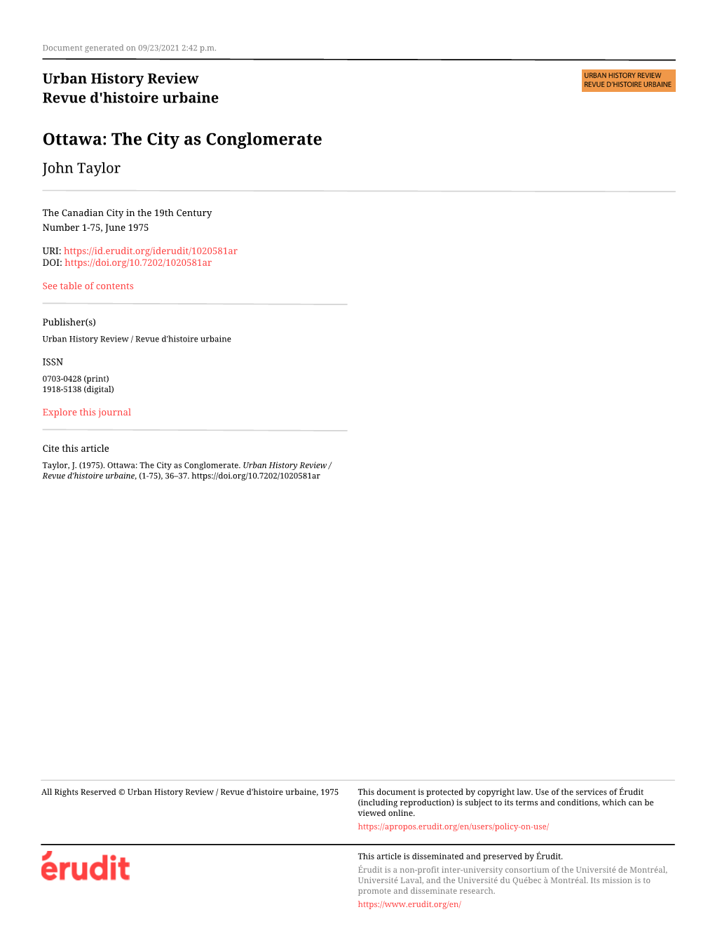 Ottawa: the City As Conglomerate John Taylor