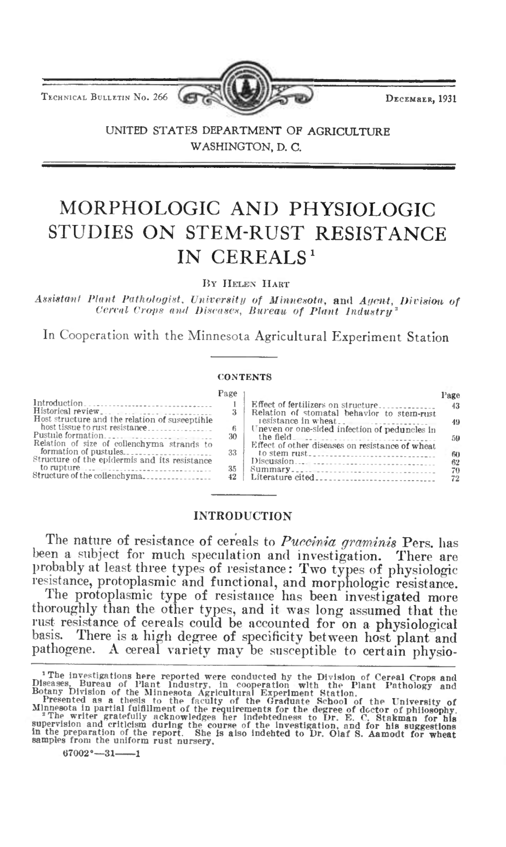 Morphologic and Physiologic Studies on Stem-Rust Resistance in Cereals^