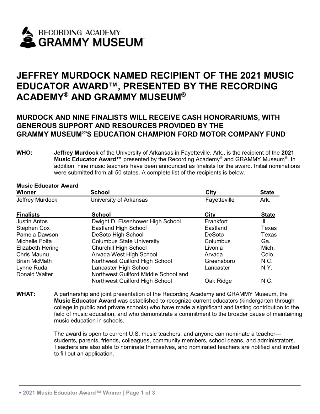 Jeffrey Murdock Named Recipient of the 2021 Music Educator Award™, Presented by the Recording Academy® and Grammy Museum®