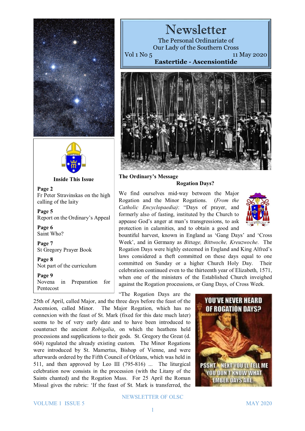 Newsletter the Personal Ordinariate of Our Lady of the Southern Cross Vol 1 No 5 11 May 2020 Eastertide - Ascensiontide