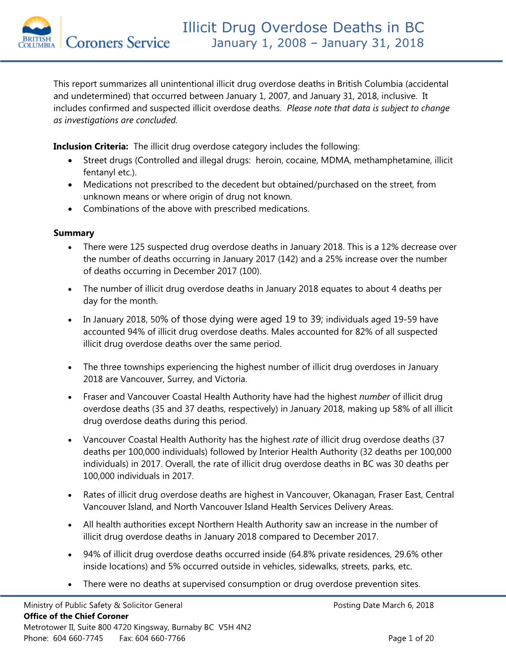 Overdose Deaths in BC January 1, 2008 – January 31, 2018