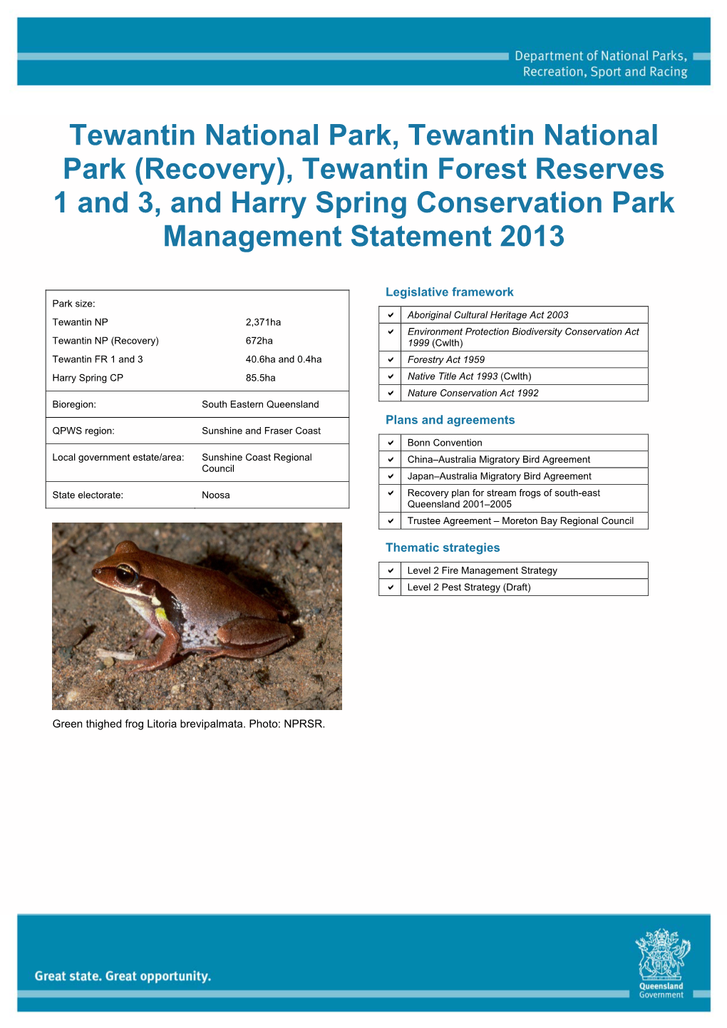 Tewantin National Park, Tewantin National Park (Recovery), Tewantin Forest Reserves 1 and 3, and Harry Spring Conservation Park Management Statement 2013