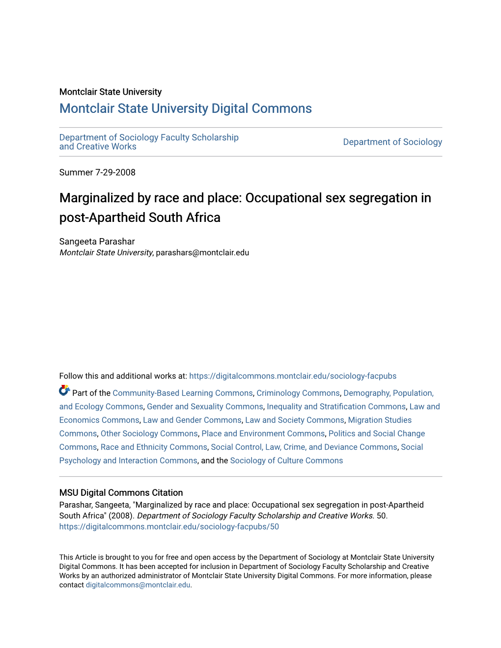 Occupational Sex Segregation in Post-Apartheid South Africa