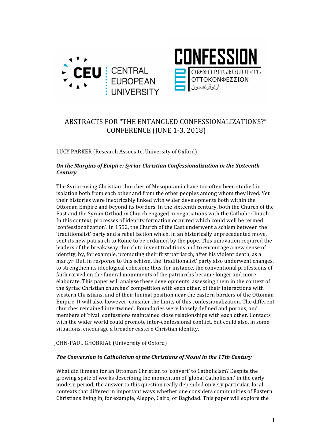 Abstracts for “The Entangled Confessionalizations?” Conference (June 1-3, 2018)