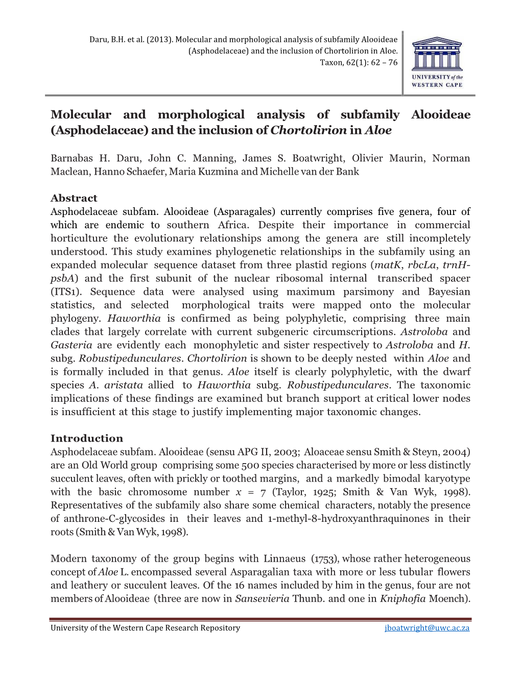 (Asphodelaceae) and the Inclusion of Chortolirion in Aloe