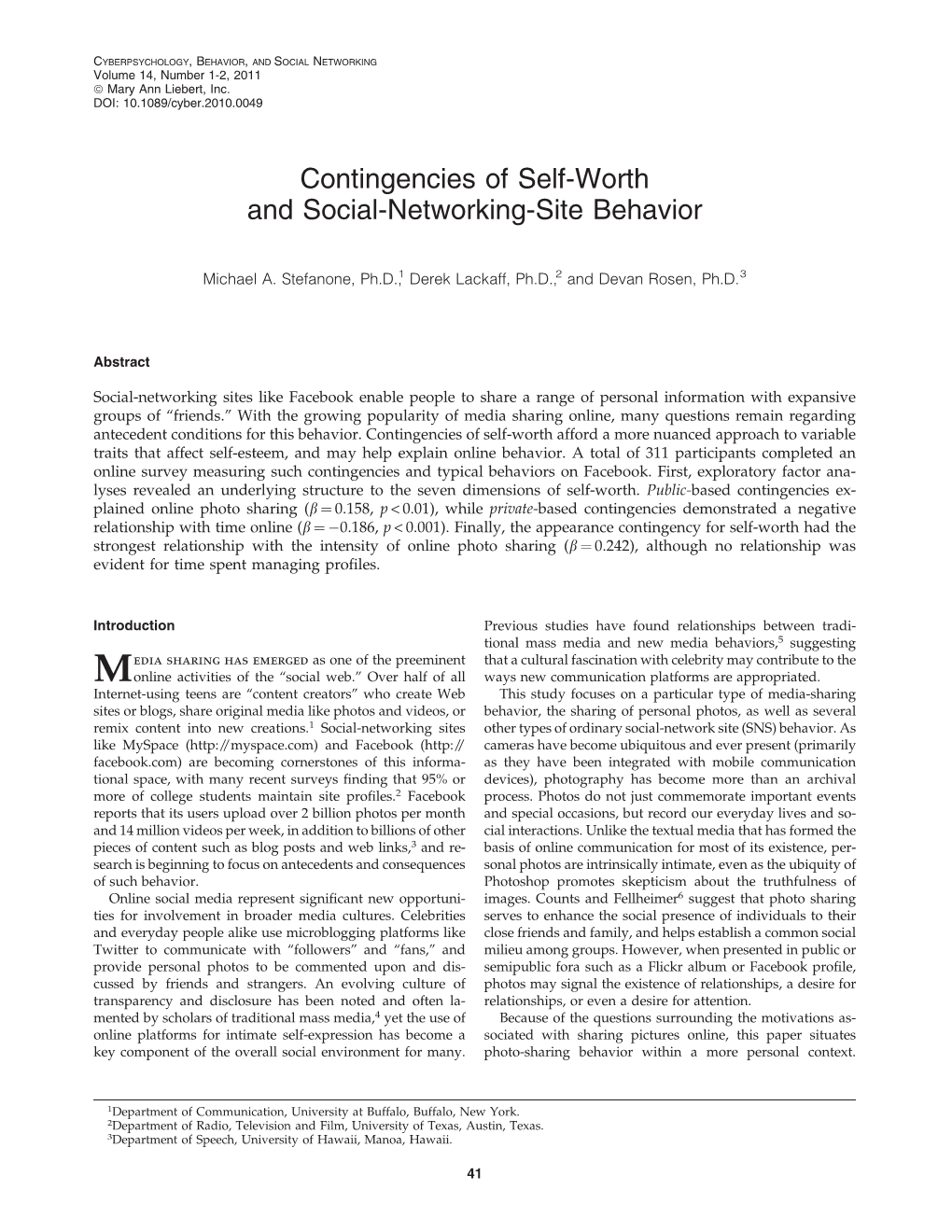Contingencies of Self-Worth and Social-Networking-Site Behavior