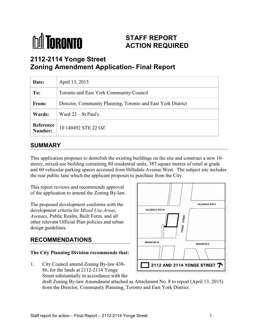 2112-2114 Yonge Street Zoning Amendment Application- Final Report