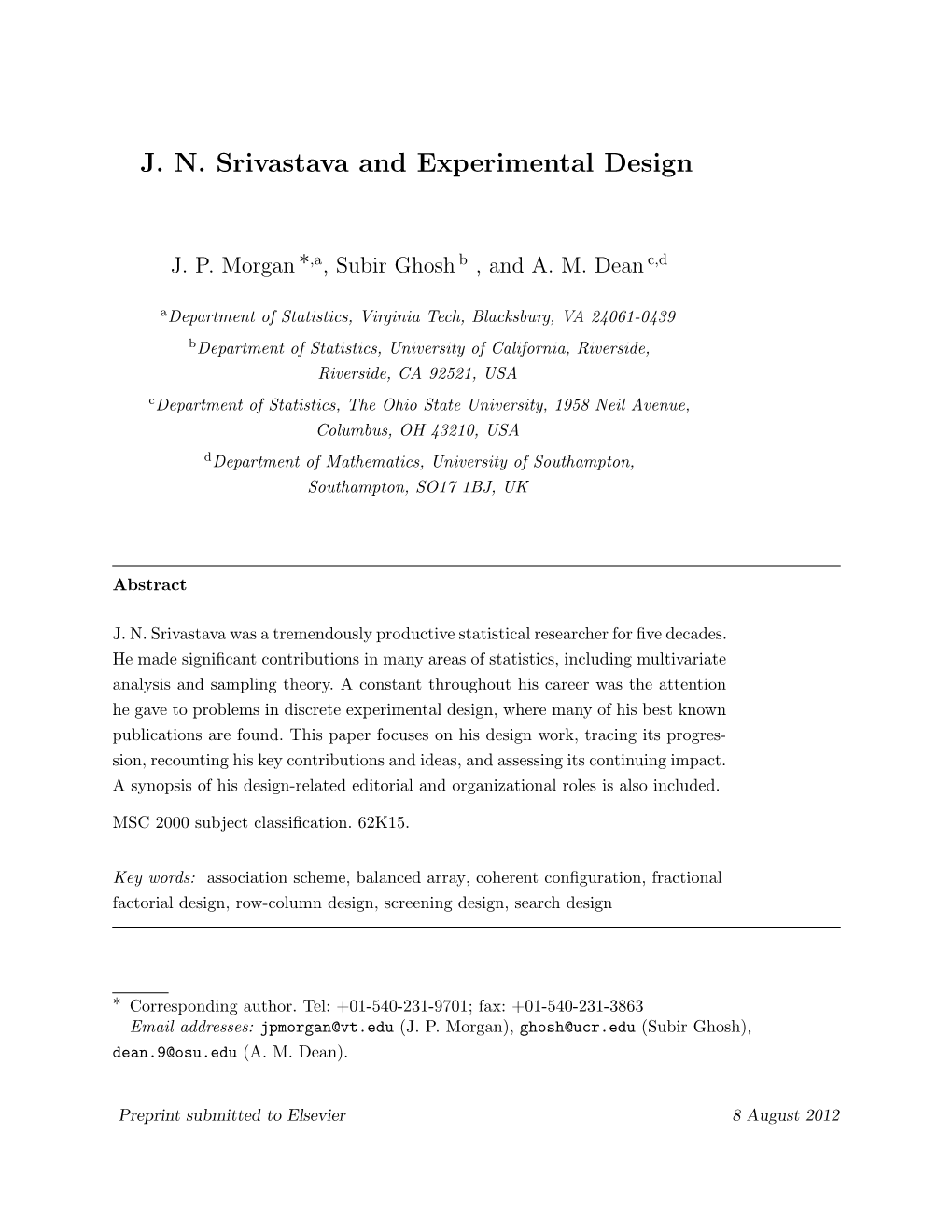 J. N. Srivastava and Experimental Design