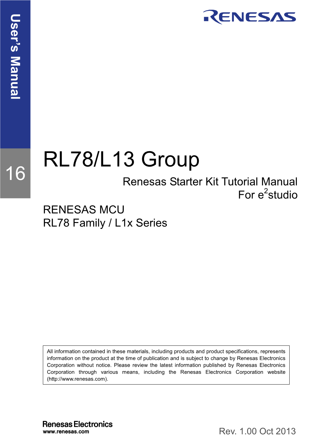 Renesas Starter Kit for RL78/L13 Tutorial Manual