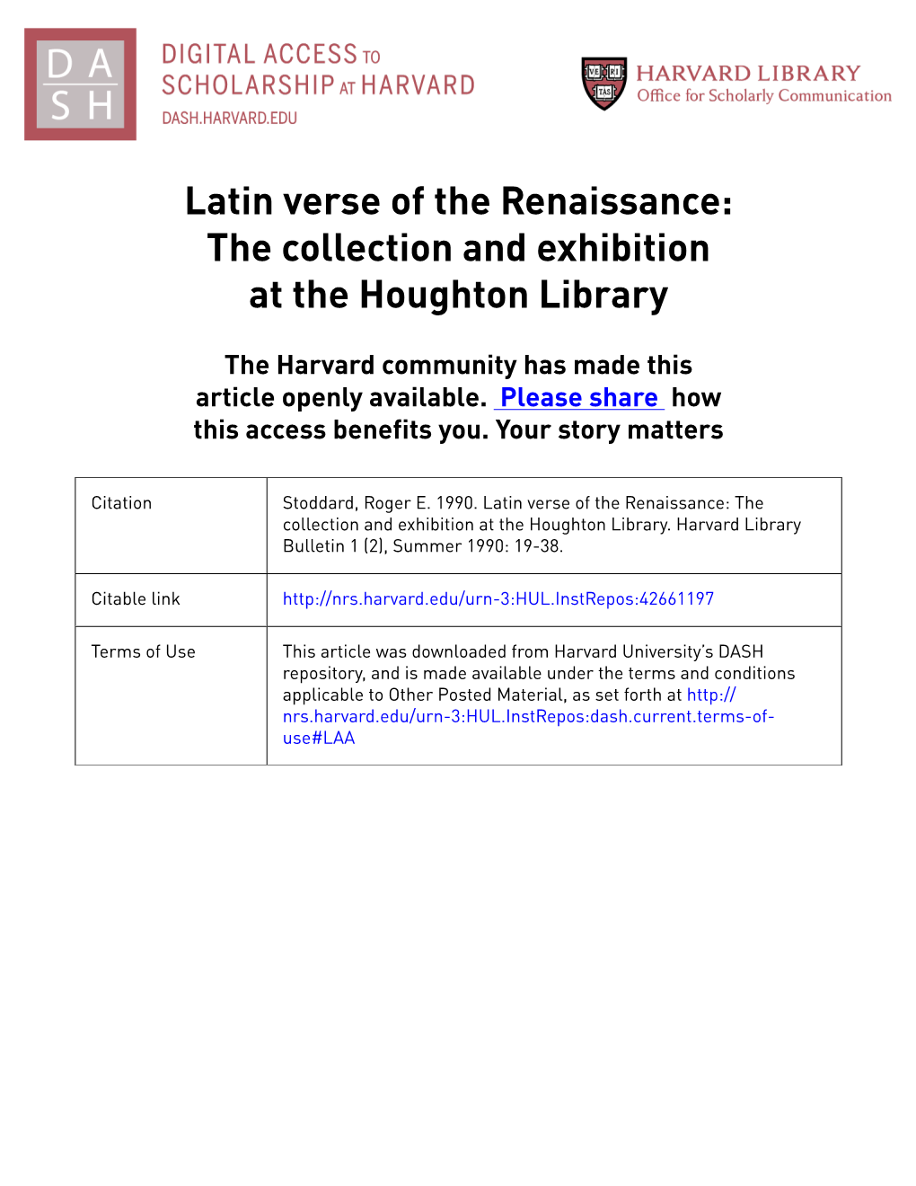Latin Verse of the Renaissance: the Collection and Exhibition at the Houghton Library