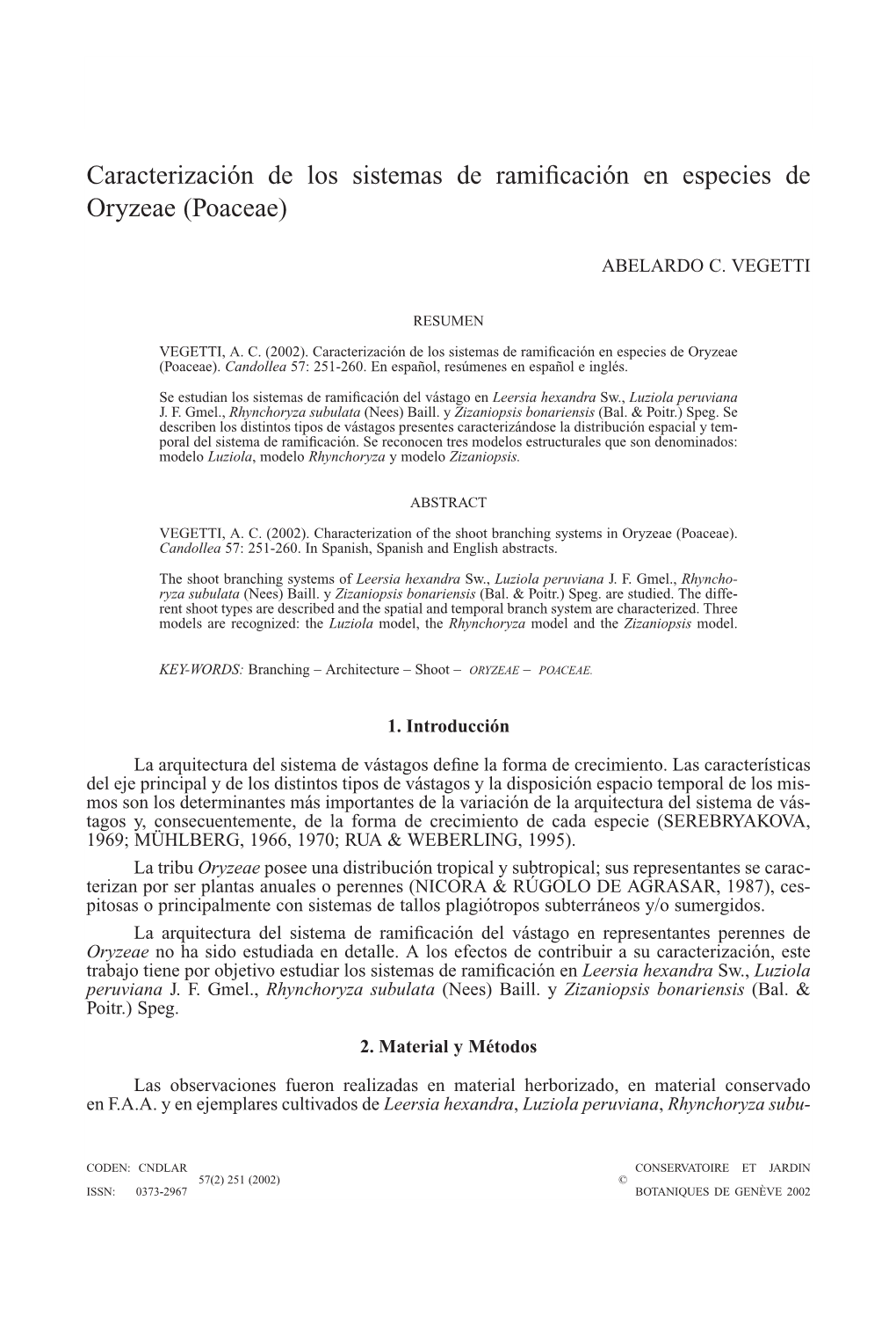 Caracterización De Los Sistemas De Ramificación En Especies De Oryzeae