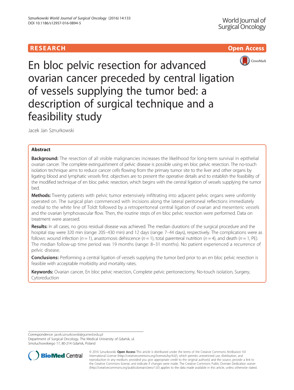 En Bloc Pelvic Resection for Advanced Ovarian Cancer Preceded by Central