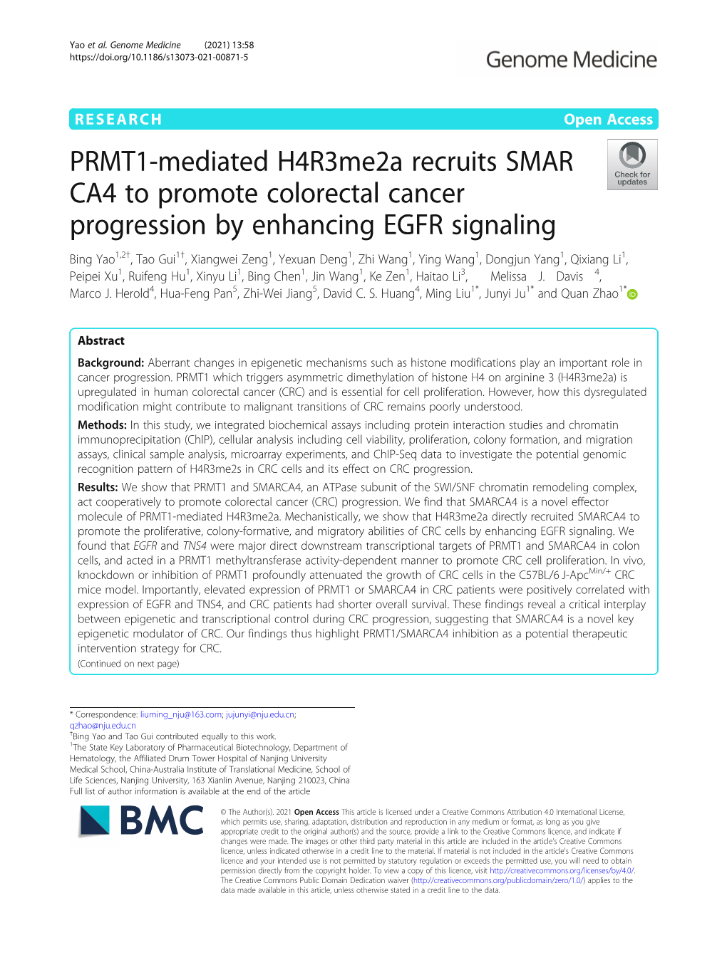 PRMT1-Mediated H4r3me2a Recruits SMARCA4 to Promote Colorectal Cancer Progression by Enhancing EGFR Signaling