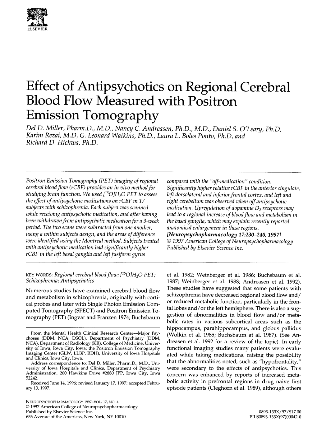 Effect of Antipsychotics on Regional Cerebral Blood Flow Measured with Positron Emission Tomography Del D