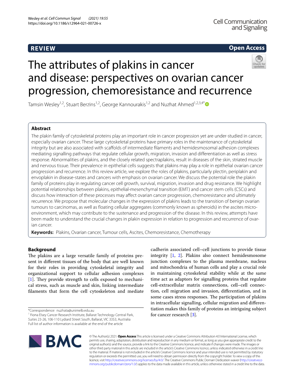 The Attributes of Plakins in Cancer and Disease: Perspectives on Ovarian
