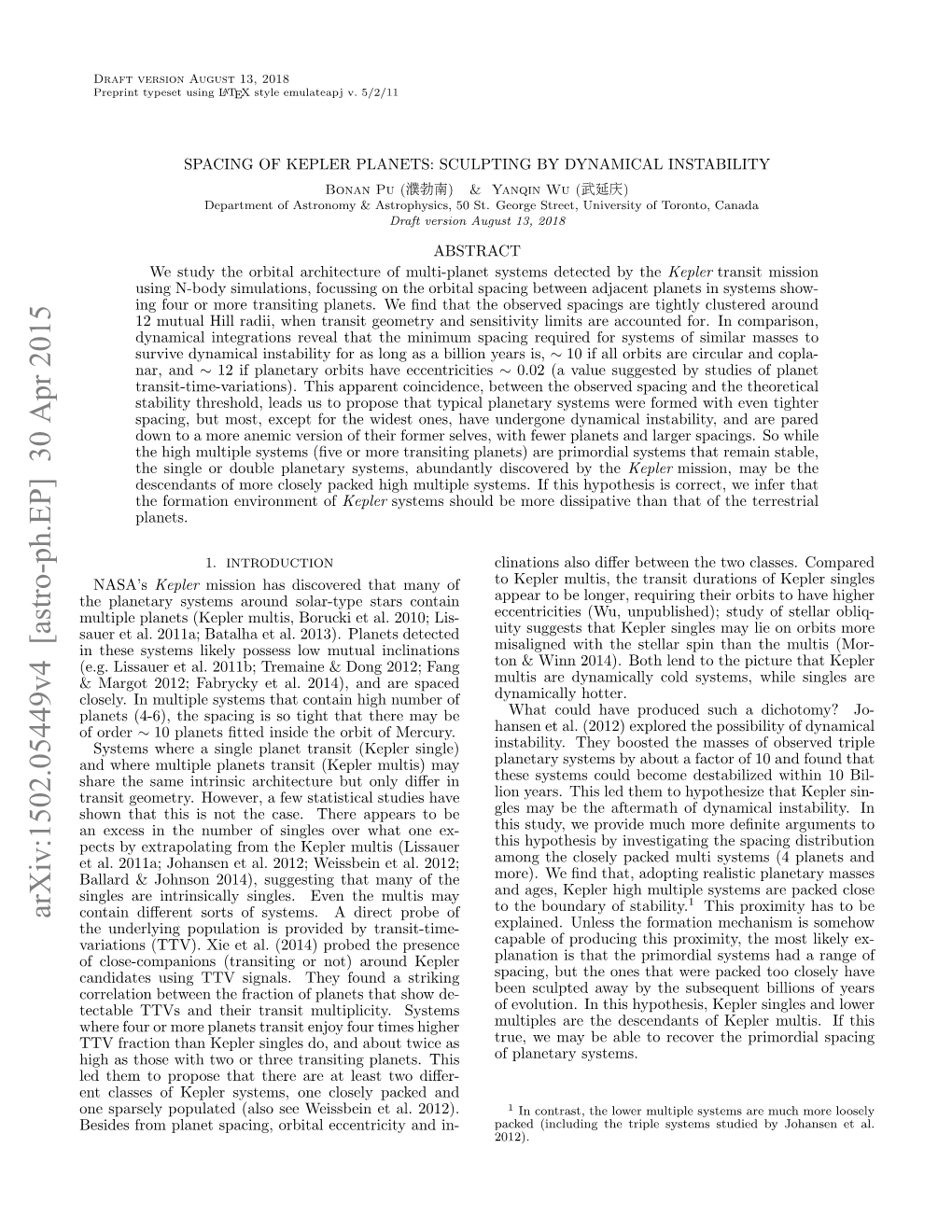 Arxiv:1502.05449V4 [Astro-Ph.EP] 30 Apr 2015 Contain Diﬀerent Sorts of Systems
