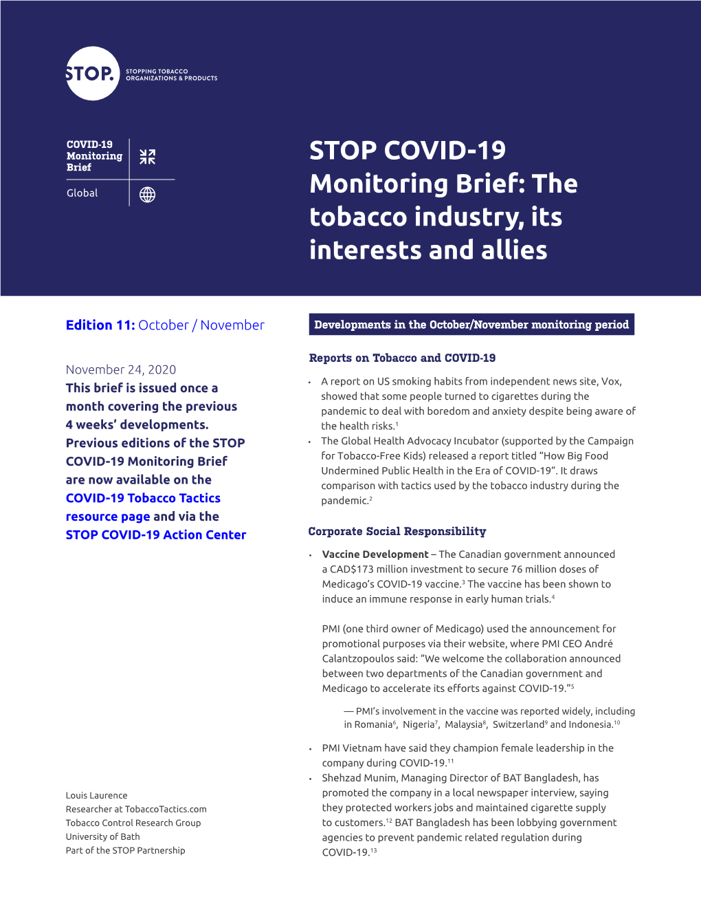 STOP COVID-19 Monitoring Brief: the Tobacco Industry, Its Interests and Allies