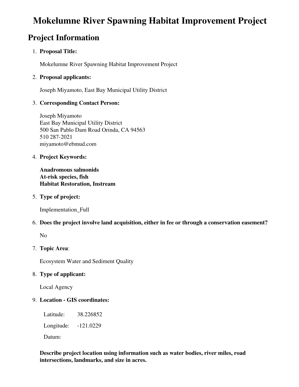 Mokelumne River Spawning Habitat Improvement Project Project Information