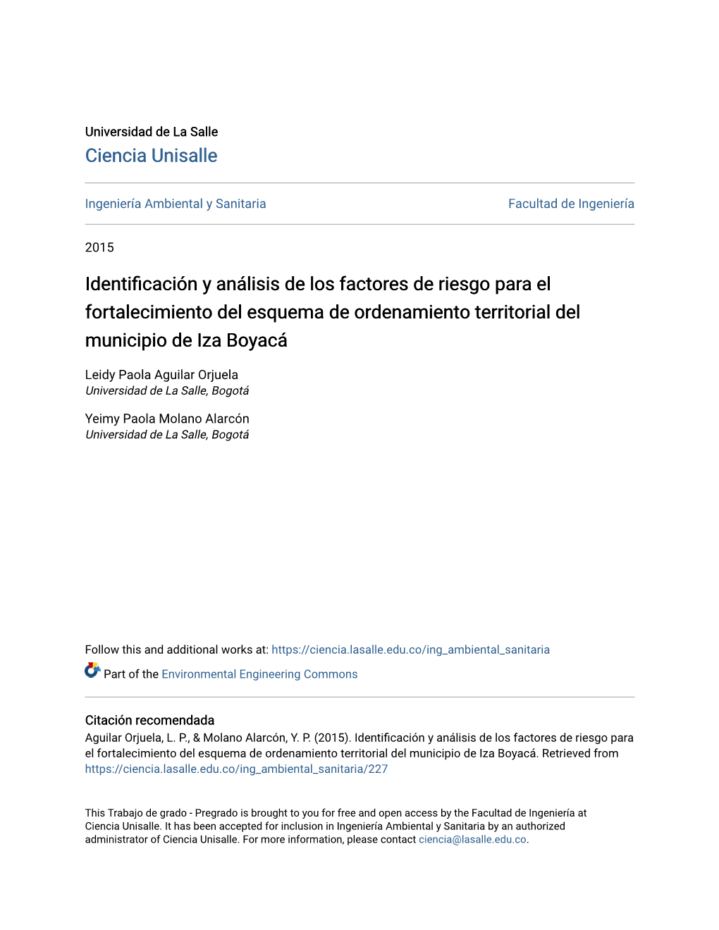 Identificación Y Análisis De Los Factores De Riesgo Para El Fortalecimiento Del Esquema De Ordenamiento Territorial Del Municipio De Iza Boyacá